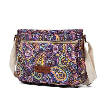 Imagem de Malirona Bolsa feminina transversal floral durável de lona carteiro bolsa de viagem com vários bolsos, Flor roxa - m, Mensageiro