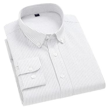 Imagem de Camisas masculinas listradas de algodão manga comprida não passar a ferro camisa casual negócios escritório colarinho botão lazer outono, H-h-2108, GG