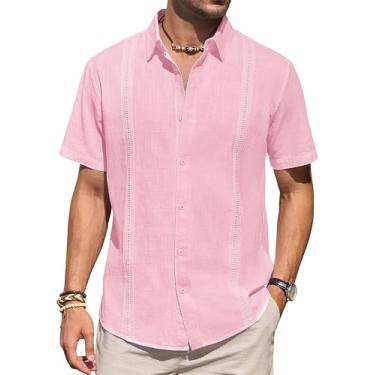Imagem de Camisas masculinas de linho manga curta com botões casual leve camisa lisa elegante cubana Guayabera Beach Tops, Rosa claro, 3G