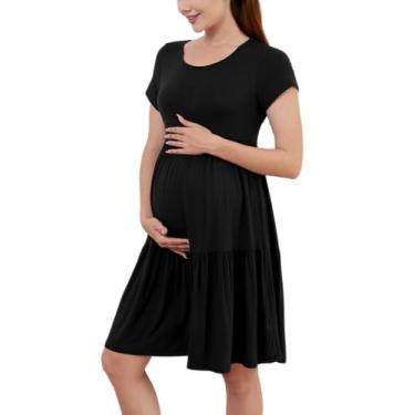 Imagem de PARNIXS Vestido feminino de verão de manga curta para gestantes patchwork roupas de gravidez, Preto, GG