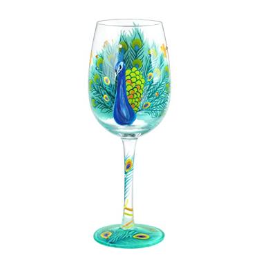 Imagem de NymphFable Taça de vinho pintada à mão para presentes de pavão 425 g Taças de vinho coloridas personalizadas presente de pavão de aniversário para mulheres
