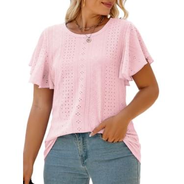 Imagem de VISLILY Camisetas femininas plus size de verão com babados manga curta gola redonda túnica casual solta, 08 rosa, 4G Plus Size