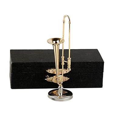 Imagem de Dselvgvu Trombone em miniatura com suporte e estojo de latão mini instrumento musical réplica de trombone estatuetas colecionáveis acessórios de casa modelo decoração de casa ornamento de exibição
