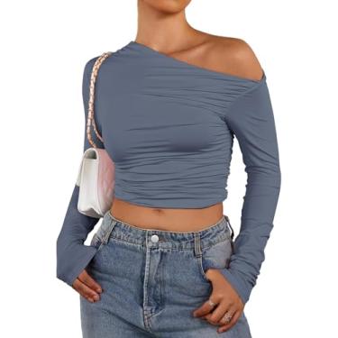 Imagem de EYNMIN Blusa feminina de manga comprida com ombros de fora, caimento justo, camiseta cropped básica Y2K, Azul, cinza, PP