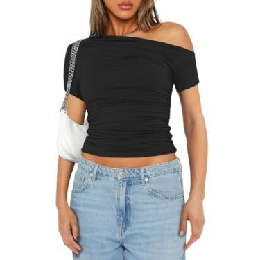 Imagem de Imily Bela Camiseta feminina com ombros de fora, manga curta, caimento justo, franzida, cropped de verão, Preto, G
