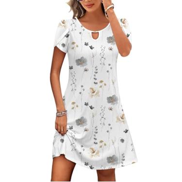 Imagem de HOTOUCH Vestido feminino casual evasê com bolsos verão praia floral vestido camiseta mini vestido de manga curta vestidos de verão soltos, Estampa branca, G
