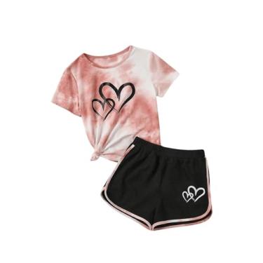 Imagem de SweatyRocks Conjunto de 2 peças para meninas com estampa gráfica tie dye, camiseta de manga curta e short, Cáqui Preto, 8Y