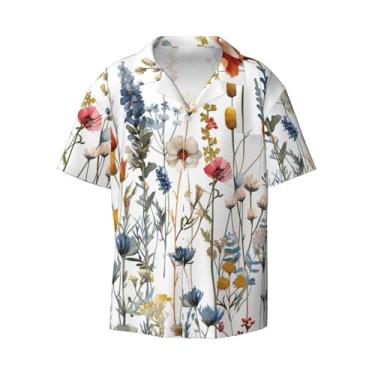 Imagem de IYOVI Camisa havaiana masculina com estampa de rosas e papoulas de manga curta com botões de botão, camisa de praia de verão,, Flores silvestres em aquarela, G