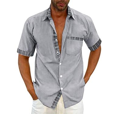 Imagem de Camisa masculina casual de linho de algodão manga curta xadrez leve abotoada camisa cubana férias praia camisas sociais, 011 - Cinza, M