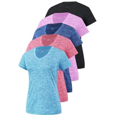 Imagem de Pacote com 5 camisetas femininas de manga curta dry fit com absorção de umidade atlética gola V, Preto1/Roxo/Azul-marinho/Rosa/Azul, P