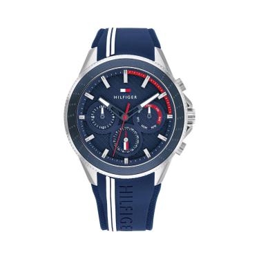Imagem de Tommy Hilfiger Relógio esportivo masculino multifunções de aço inoxidável e pulseira de silicone de quartzo, Azul marino