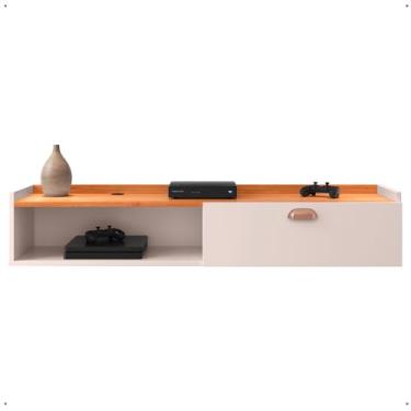 Imagem de Rack Suspenso Home Classic Pequeno TV 32 40 42 50 Porta Basculante Puxador Concha Nicho Organizador Aparador Decoração Sala Estar Quarto Ambiente - RPM (Off White/Cinamomo)