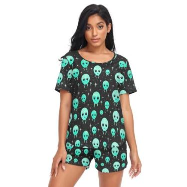 Imagem de CHIFIGNO Conjunto de pijama feminino, conjunto de pijama feminino de duas peças, de manga curta, conjunto de pijama feminino e shorts, Alien Faces em verde, M