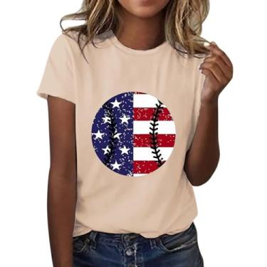 Imagem de Camiseta feminina com bandeira americana de beisebol, listras estrelas, manga curta, gola redonda, patriótica, caimento solto, 4 de julho, Bege, M