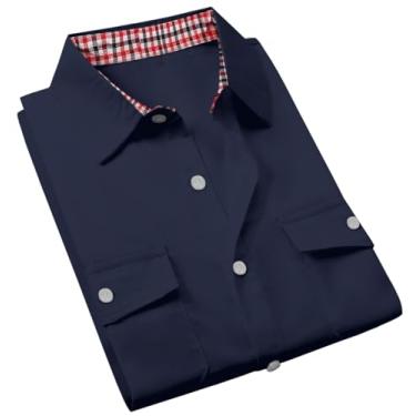 Imagem de Cromoncent Camisa social masculina de manga curta com botões e gola xadrez, Azul marino, GG