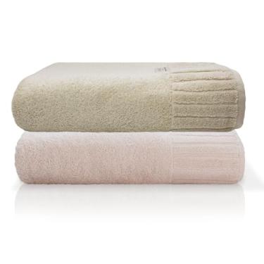 Imagem de Jogo Toalha De Banho Gigante Ele/Ela Velour 500g/m�, 100% Algod�o, 02 Pe�as 85cm x 150cm, Toque Super Macio, Aconchegante, Melhor Absor��o, Moderno E Sofisticado (Bege/Ros�)