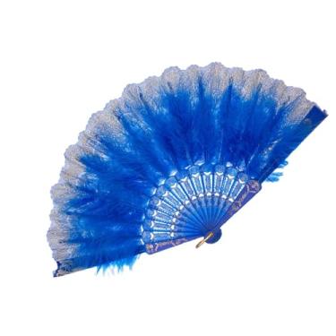 Imagem de Colaxi Leque de penas dobrável, elegante, bordado, flor, mão, ventilador portátil para decoração de performance de palco de casamento, Azul