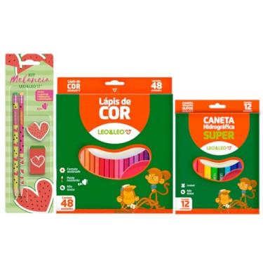 Imagem de Material Escolar Lápis de Cor 48 Cores + Canetinha 12 Cores + Kit Temático com Lápis Grafite Apontador e Borracha (Melancia)
