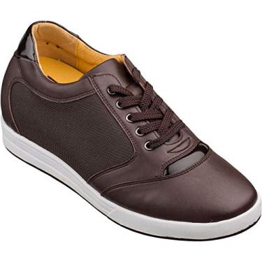 Imagem de Tênis masculino Invisible Height Increasing Elevator da TOTO – Tênis fashion casual de couro marrom escuro/malha com cadarço – 8 cm mais alto – A53271, Marrom, 12