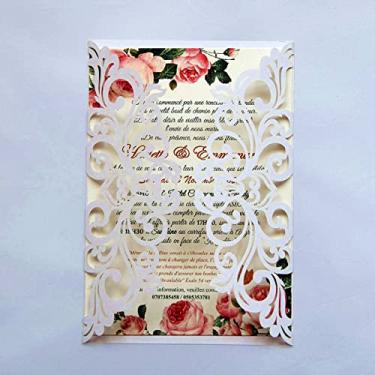 Imagem de 25 cartões de convites de casamento com corte a laser branco perolado com envelopes, folhas internas em branco, fitas para convites de casamento, chá de panela, convites de quinze anos, noivado, aniversário