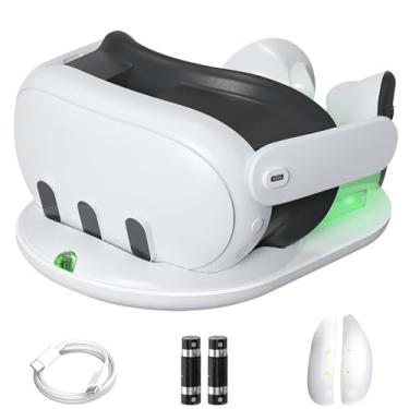 Imagem de Base de carregamento para Meta Quest 3, correia de cabeça VR de 45 W e carregamento rápido do controlador com 2 baterias recarregáveis ​​de 1800mAh, suporte de carregador magnético VR compacto