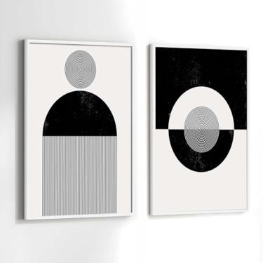 Imagem de Conjunto Quadros Decorativos com Moldura Minimalista Preto e Branco Linhas Kit 2 Quadros 90x60 Decoração