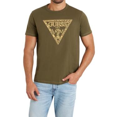 Imagem de GUESS Camiseta masculina Eco Triangle Embro, Olive Morning, M