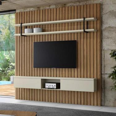 Imagem de Painel Ripado para TV com Prateleira e Nicho 240cm 100% MDF - Casa Lar
