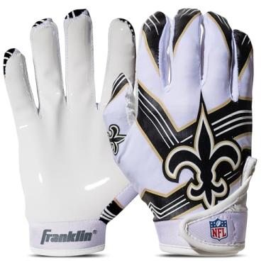 Imagem de Franklin Sports Luvas receptoras de futebol americano New Orleans Saints Youth NFL – Luvas receptoras para crianças – logotipos da equipe NFL e palma de silicone – Par juvenil S/PP