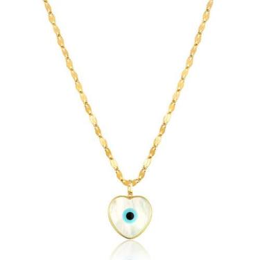 Imagem de Corrente Colar Cordão Coffee + Pingente Olho Grego Coração Grande Ouro