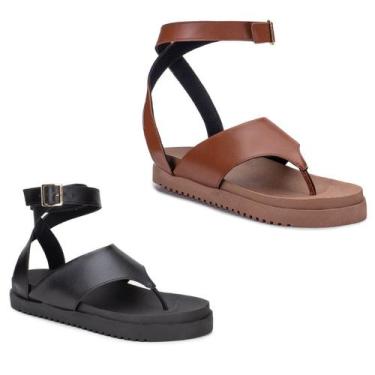 Imagem de Kit 2 Pares Sandália Feminina Luxo Flat Tiras Chinelo Plataforma Confo