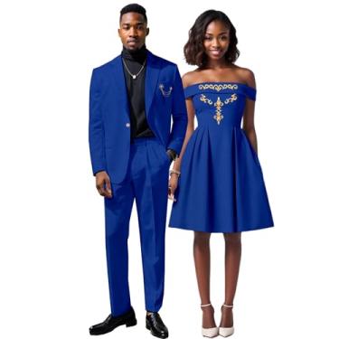 Imagem de Roupas para casais, ternos de negócios, blazer e calça, conjunto de 2 peças, minivestido feminino bordado de cores combinadas, Azul, M