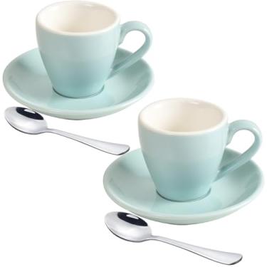 Imagem de ionEgg Xícara de café expresso de porcelana com pires e mini colheres de aço inoxidável, copo de café expresso, 80 ml, pacote com 2, azul