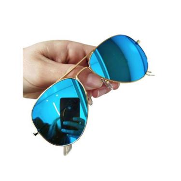 Imagem de Óculos De Sol Aviador Azul Espelhado Masculino Feminino Lentes De Cris