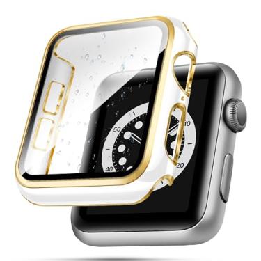 Imagem de top4cus Capa de 44 mm compatível com Apple Watch, com protetor de tela de vidro temperado integrado, capa de PC para iWatch séries 9/8/7/SE 2rd SE 6 5 4/3 2 para escolha (44 mm, branco + borda