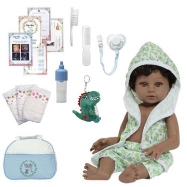 Imagem de Bebê Tipo Reborn Menino Negro Cabelo Cacheado Bolsa Itens - Cegonha Re