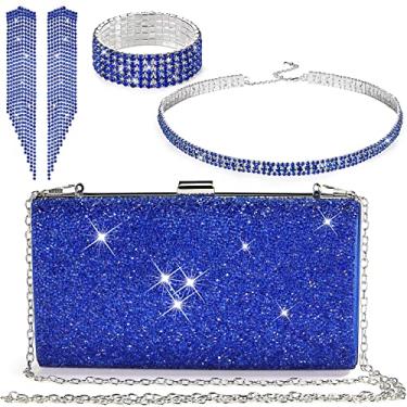 Imagem de Jadive Conjunto de 4 peças de bolsa feminina de strass para noite com strass, gargantilha, pulseira e bolsa com glitter