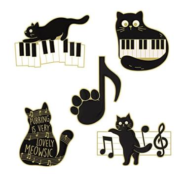 Imagem de Broche preto de gato musical, 5 peças de broches de liga de gato com piano nota musical alfinetes de lapela emblemas acessórios de joias para mãe menina menino presente roupas crianças vestido suéter