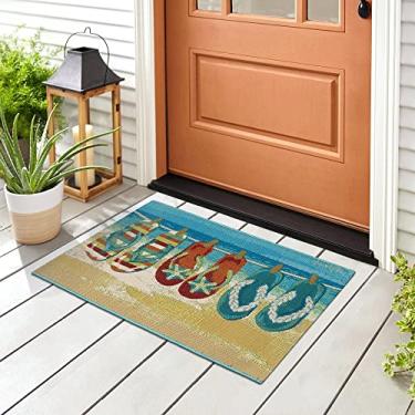 Imagem de Liora Manne Esencia lavável à máquina antiderrapante perfil baixo interior/exterior tapete transitório, litoral, praia, caprichoso, chinelos para sempre azul 60 x 60 cm