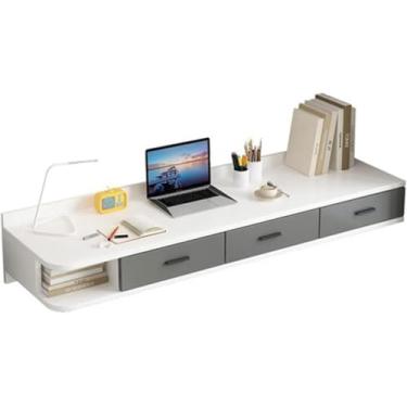 Imagem de Prateleira de parede flutuante com 3 gavetas, unidade de armazenamento de parede, para corredor, sala de estar, quarto, cozinha, pintura de alto brilho, branco + cinza, 140 x 40 x 25 cm