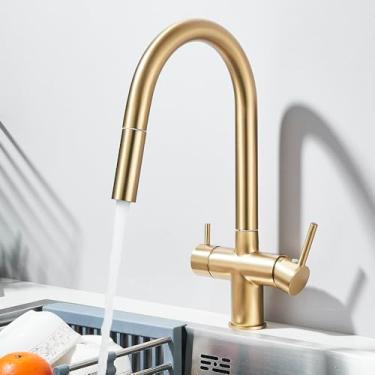 Imagem de Torneira de cozinha de purificação cinza, tubo flexível, alça dupla, misturador de água fria e quente, filtro de água potável pura, escova dourada