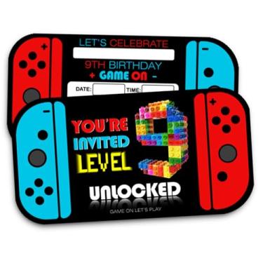 Imagem de XIAOPNN Convite de festa de aniversário de 9 anos de videogame para meninos, suprimentos de festa de aniversário de 9 anos, 30 cartões com 30 envelopes