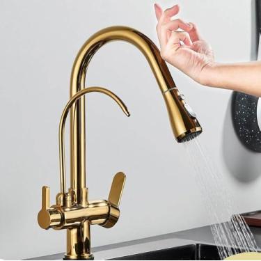 Imagem de Filtro de sensor de toque Torneira de cozinha de água Torneira de latão antigo Torneira misturadora com guindaste giratório de água pura para cozinha, ouro