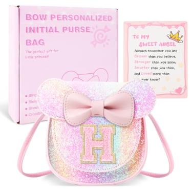 Imagem de izuzta Bolsa infantil para crianças 1 2 3 4 5 6 7 8 anos de idade bonito mouse orelha laço bolsa transversal presente de aniversário, Bolsa pequena/brilhante/letra rosa, H, H