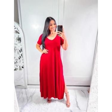 Imagem de vestido gola V com bolço e fenda lateral - MK MODAS, Vermelho, GG