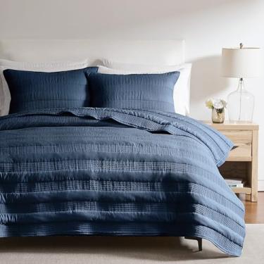 Imagem de Conjunto de colcha queen listrada azul marinho – Colcha leve de ponto palheta com 2 fronhas, coberta macia de cambraia cambraia country texturizada, edredom fino para todas as estações, conjunto de