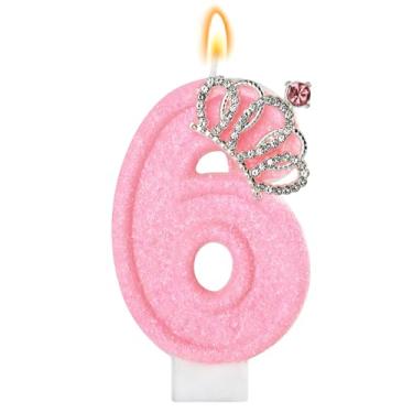 Imagem de Vela de aniversário rosa coroa número 6 velas para bolo, enfeite de bolo de aniversário rosa, decorações de cupcake, decoração de festa para meninas e mulheres, comemorações de aniversário,