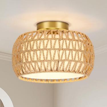Imagem de Glitnous Luminárias De Teto Boho Rattan, Luminária Embutida No Teto, Mini Luminária De Lustre Com Lâmpada Led Regulável, Luminárias De Teto Tecidas À Mão, Montagem Embutida Para Corredor, Quarto, Co