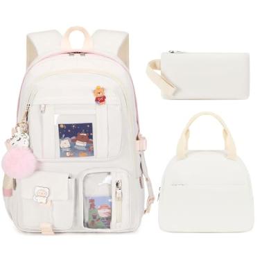 Imagem de LXYGD Mochilas para laptop, mochila escolar de 40,6 cm, mochila universitária, 3 peças com lancheira, conjunto de lápis, mochila grande de viagem, mochilas kawaii, para adolescentes, meninas, mulheres