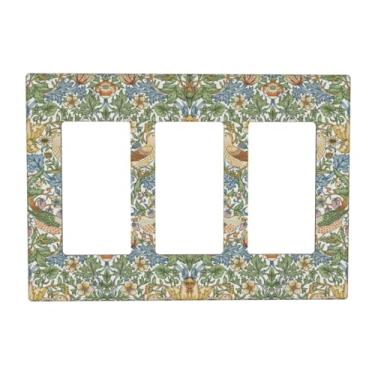 Imagem de William Morris Tordo de morango pássaro triplo balancim capa de interruptor de luz vintage flores florais planta 3 gangues capas de tomada decorativa placa de parede elétrica para quarto e sala de